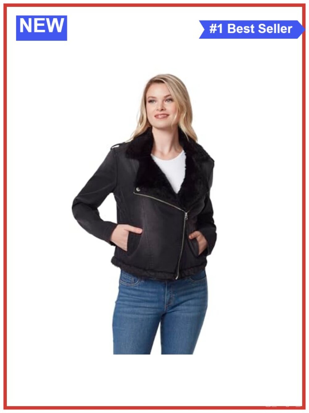 Faux Fur Lined Moto Biker Jacket Zip Front Hip Length